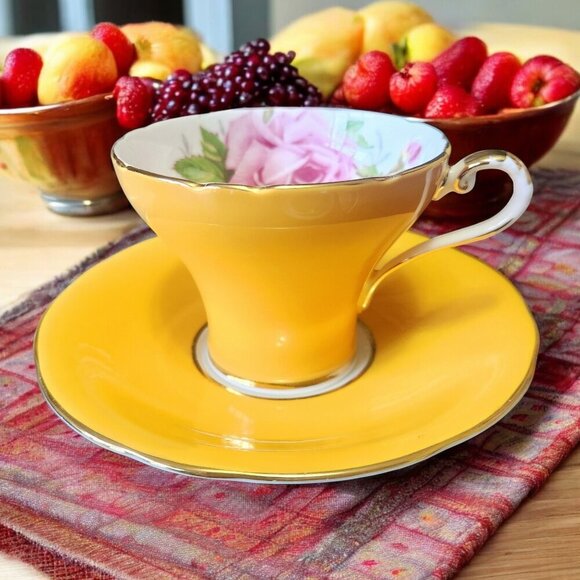 Vintage Aynsley Yellow Rose Corset Shape Bone China Teacup Saucer Set England